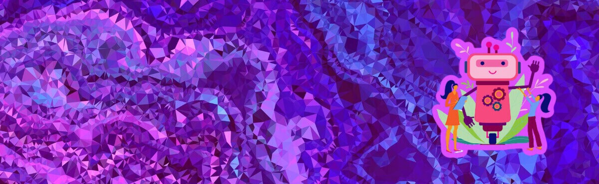 AI chatbot waving and smiling, with two business people talking to it, representing AI for customer service.