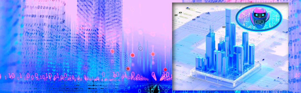 Illustration of a city blueprint with a motherboard background and AI bot, against a digital cityscape background, representing AI in construction industry.