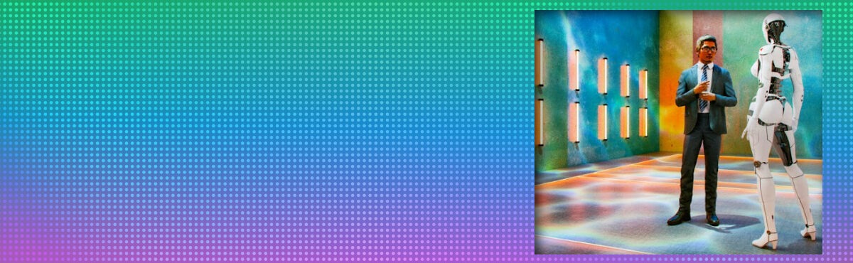 Illustration of a businessperson talking to a robot, representing AI in customer service.