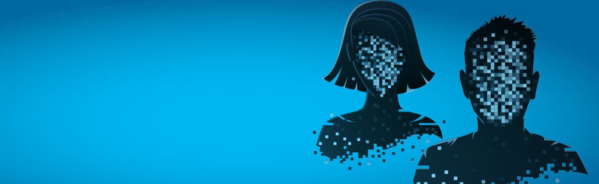 Two faceless people, a sign of anonymized identities of the privacy-first web with third party cookies going away. Customer data platform | CDP