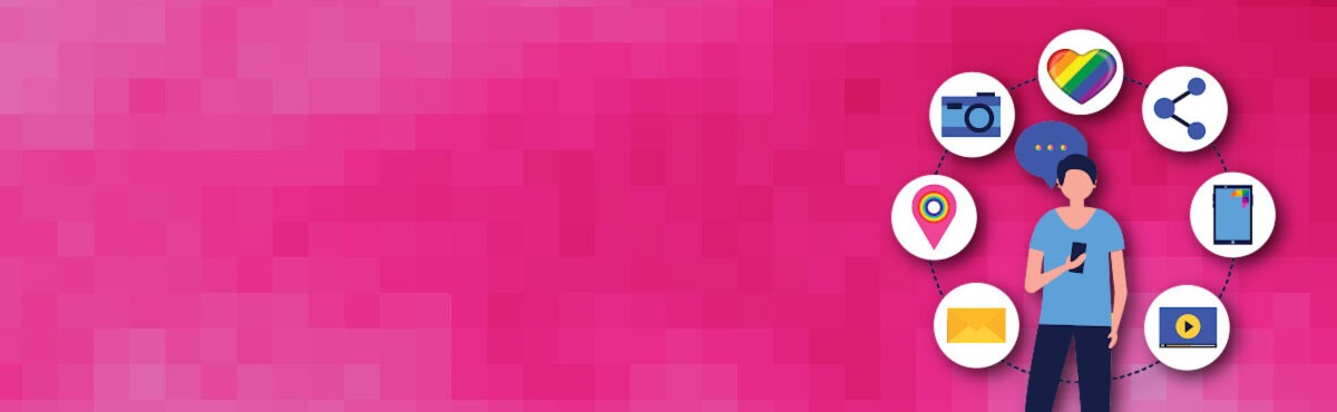 Person holding mobile device, with icons surrounding them, representing the modern chief merchandising officer.