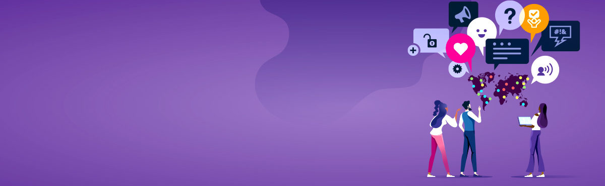 illustration representing types of customer service with three workers looking up at speech bubbles