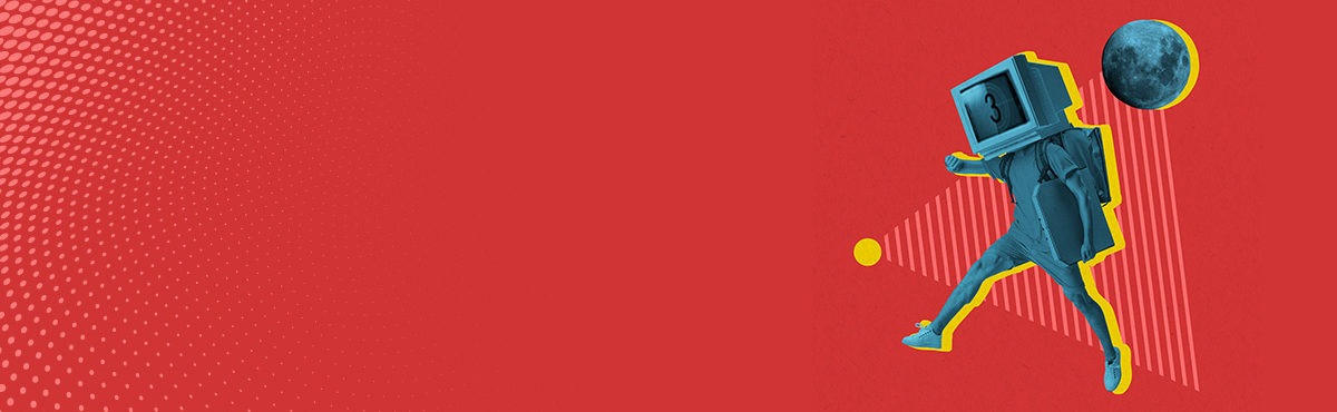 A person walks against a red backdrop with a a computer fashioned as a helmet on and the earth spinning behind them, representing the opportunity the tech sector has to introduce better tech through responsive customer service.