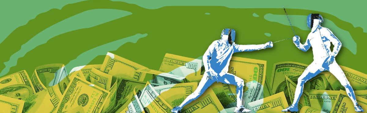 illustration of two people fencing against a green background of hundred-dollar bills.