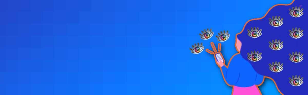 Illustration of a woman looking at a mobile device with hair flowing behind her. There are spy eyes in her hair and above her phone, representing insurance industry cybersecurity.