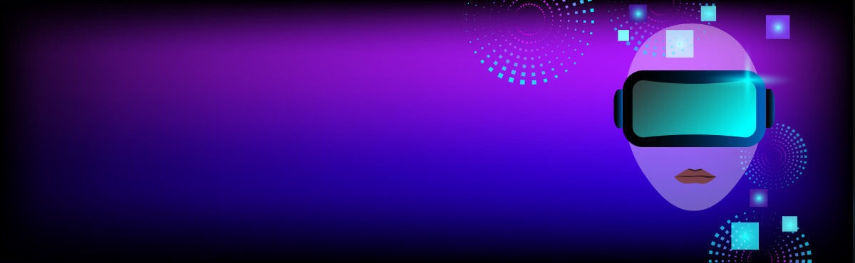 illustration of a woman's head wearing virtual-reality glasses, conveying the futuristic technology of NFT