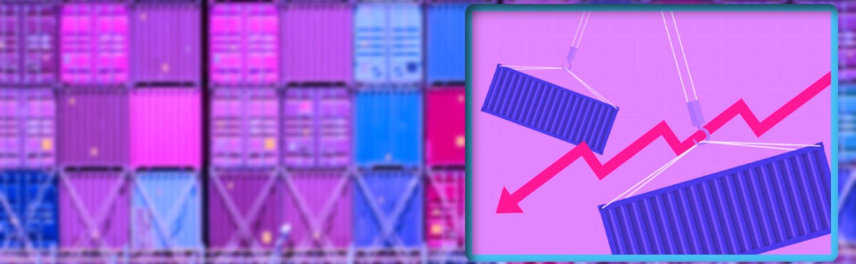 Illustration of shipping containers and a red arrow pointing down, against a backdrop of stacked shipping containers, representing the port strike in the US.