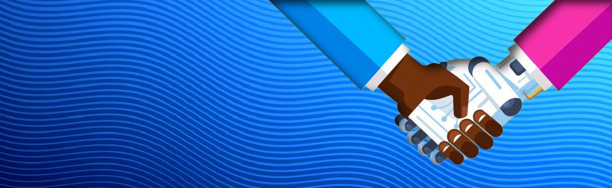 The hand of a person shaking the hand of a robot, representing how sales AI can help close deals, even in tough markets.