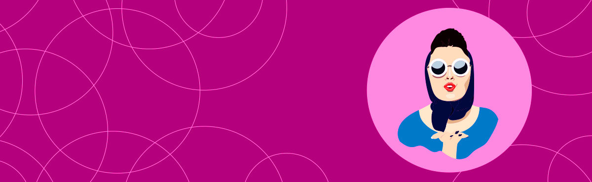 Illustration of a woman wearing white sunglasses a 1940s style scarf tied under her chin blows a kiss, conveying shoppable Instagram.