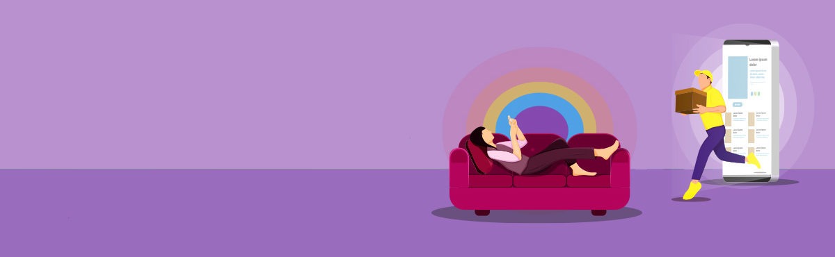 illustration of a woman with a mobile phone laying on a sofa and a delivery person approaching with a package, representing subscription commerce. Illustration einer Frau mit einem Mobiltelefon, die auf einem Sofa liegt, und einem Zusteller, der sich mit einem Paket nähert, was Personalisierung im Handel darstellen soll.