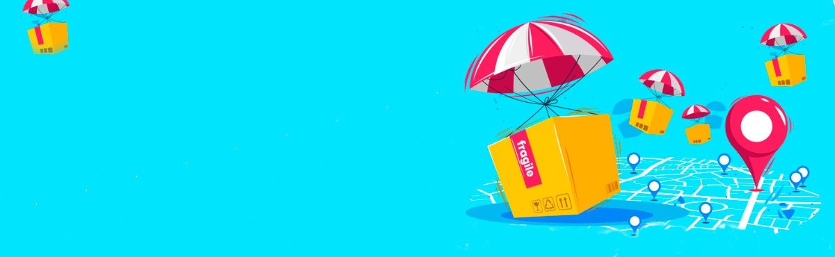 Parachute balloons carrying and dropping boxes on maps with location pins, representing supply chain risk.