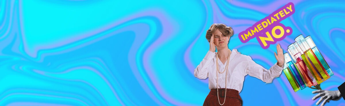 Woman saying "no" while holding up a hand to a man trying to give her a bouquet of flasks filled with synthetic food dyes, representing how CPG companies can manage the US Food and Drug Administration's phaseout of artificial and synthetic food dyes.