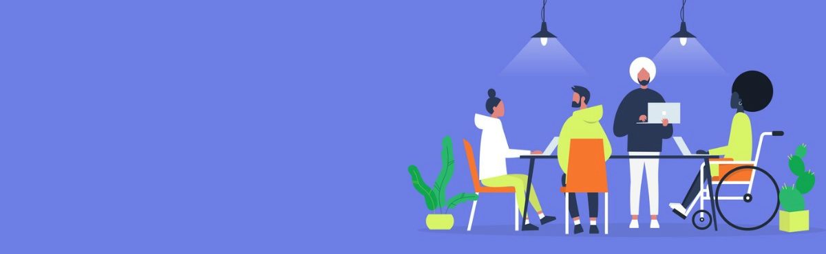 Illustration of employees around a table, representing Millennial and Gen Z employment