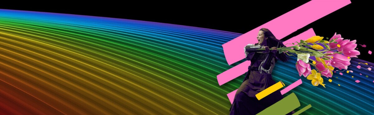 Woman wielding flowers as a medieval knight on bright neon background, representing a TikTok ban.