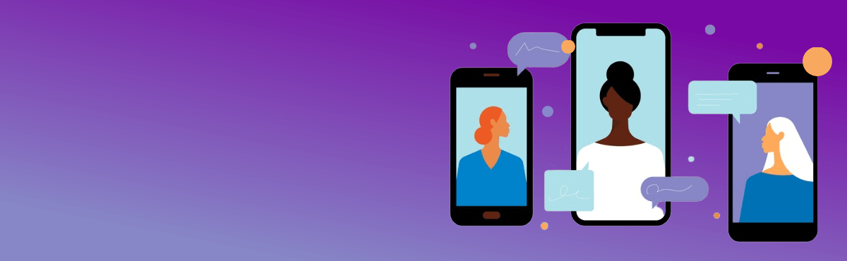 Three smartphone with conversation bubbles and chat windows, showing three different women's faces, representing mobile retail.